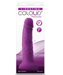 Colours Pleasures Silicone Vibrating Dildo 7 inches Purple in packaging, showcasing its lifelike design and vibrant color.