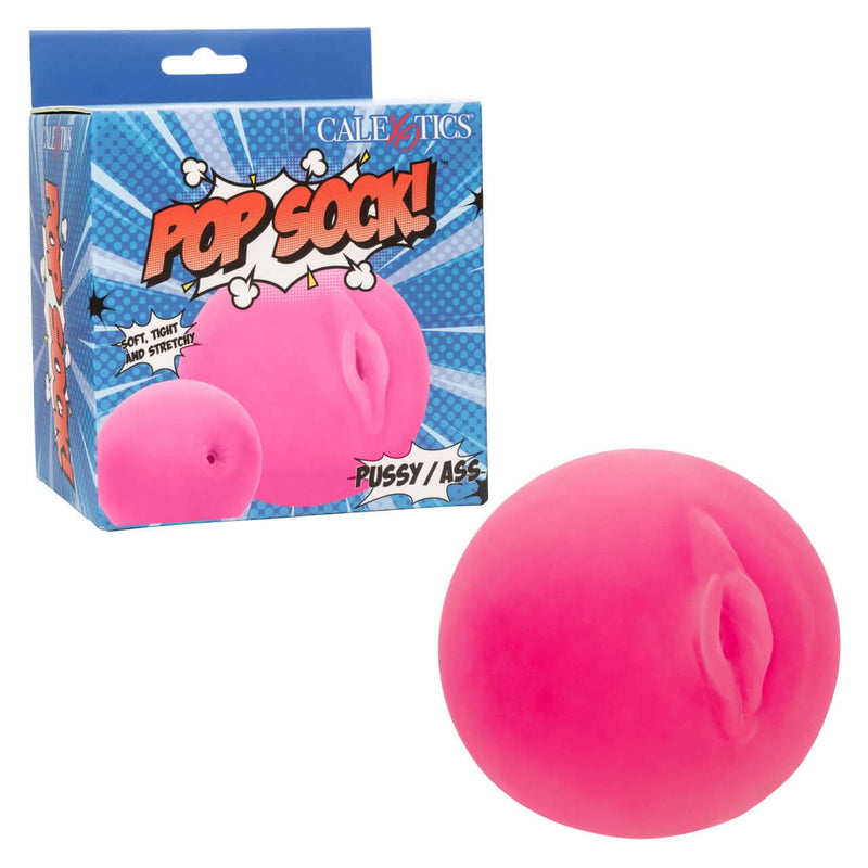 Pop Sock!™ Pussy/Ass Pink Dual-Entry Masturbator, ultra life-like Pure Skin® material with dual pussy and ass entries shown in package and product display