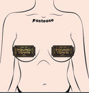 Woman wearing Pastease Pound Town One-Way Tickets gold glitter pasties; fun intimate accessory with luxurious glittery design.