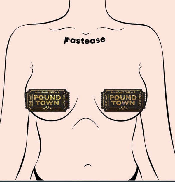 Woman wearing Pastease Pound Town One-Way Tickets gold glitter pasties; fun intimate accessory with luxurious glittery design.
