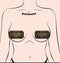 Woman wearing Pastease Pound Town One-Way Tickets gold glitter pasties; fun intimate accessory with luxurious glittery design.
