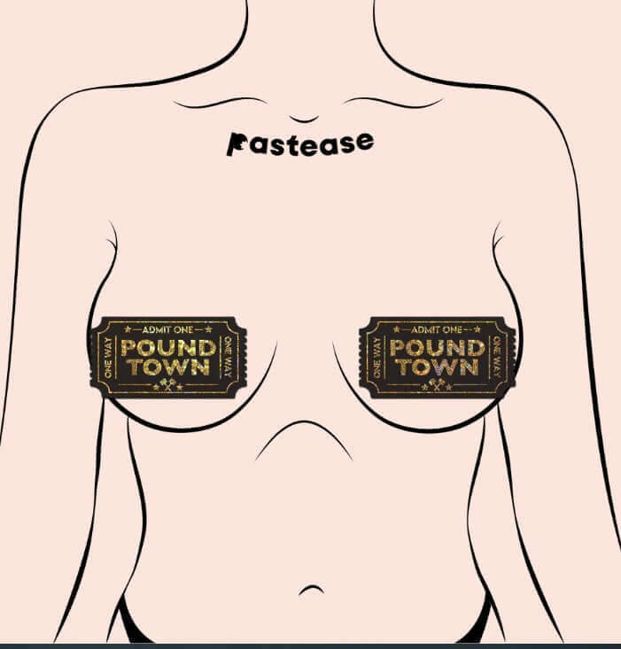 Woman wearing Pastease Pound Town One-Way Tickets gold glitter pasties; fun intimate accessory with luxurious glittery design.