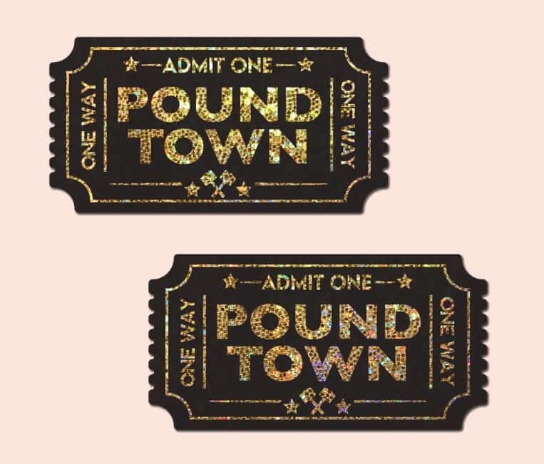 Pastease Pound Town One-Way Tickets Gold Glitter Pasties - Ignite passion and fun with gold glitter ticket-shaped pasties.