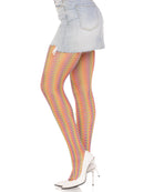 Leg Avenue Rainbow Crochet Net Tights One Size Multicolor showcased with a denim skirt and high heels.