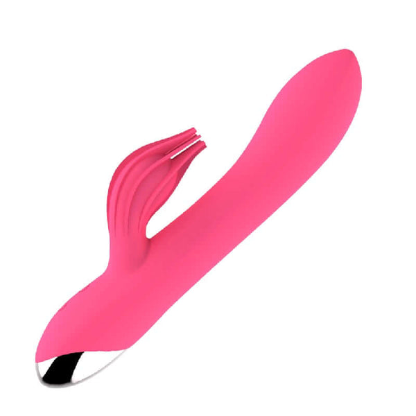 Pink White Queen Tickler Rabbit Vibe for dual stimulation with 10 settings, featuring soft rabbit ears and wavy shaft design.