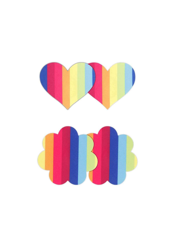 Pretty Pasties Pride Heart & Flower Rainbow adhesive nipple covers by NS Novelties featuring colorful pride-inspired designs.