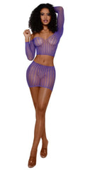 Dreamgirl Breauna Skirt Set Ultra Violet OS model showcasing vibrant lingerie outfit.