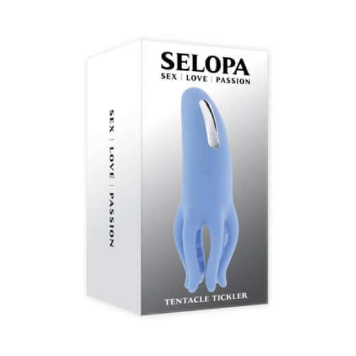 Selopa Tentacle Tickler rechargeable silicone clitoral stimulator in blue, featured in elegant packaging.