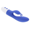 Funny Bunny Rechargeable Silicone Rabbit Vibrator Blue on a white background, showcasing its sleek design and buttons.