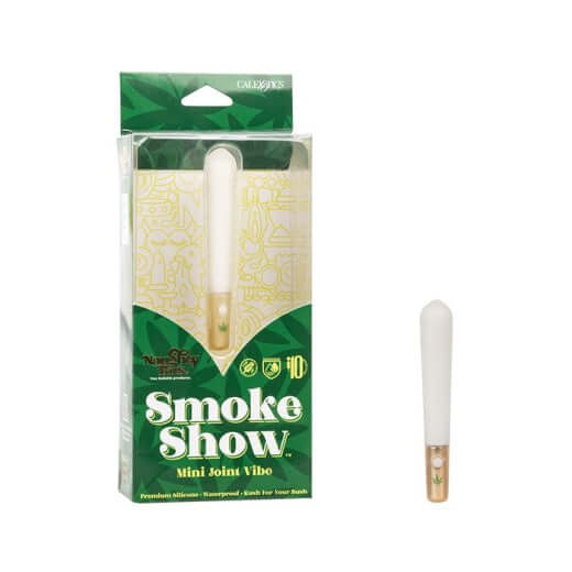 Naughty Bits Smoke Show Mini Joint Vibe packaging and product, discreetly shaped vibrator with 10 functions of vibration.