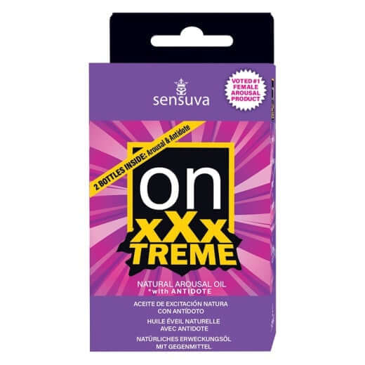 ON XXXtreme Arousal Oil packaging featuring two bottles, highlighting natural ingredients and powerful clitoral stimulation.