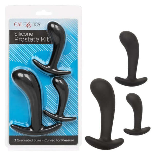 Silicone Prostate Kit with 3 graduated sizes, satin finish, and curved design for body-safe anal exploration.