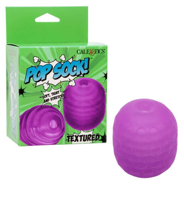 Pop Sock!™ Textured Purple Stroker in packaging and standing upright, soft-tight-stretchy dual-texture reversible masturbator