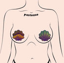 Mermaid-inspired opalescent purple and gold seashell pasties by Pastease, perfect for beachwear and summer fashion.