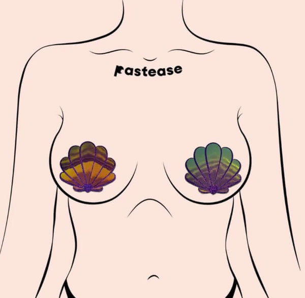 Mermaid-inspired opalescent purple and gold seashell pasties by Pastease, perfect for beachwear and summer fashion.