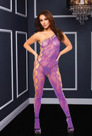 Purple off the shoulder bodystocking with mesh and lace design, featuring one-shoulder style and wide netting sides in a chic setting.