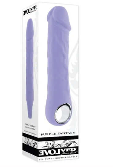 Evolved Purple Fantasy Vibrator with realistic textures and chrome-finished ring handle in packaging.