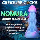 Creature Cocks Nomura Jellyfish Silicone Dildo in pale blue and pink, designed for unique sensations with a mushroom-shaped head and bumpy texture.