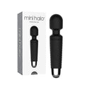 Viben Mini Halo Midnight Black Wand Massager in packaging with features for relaxation and stimulation.