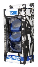 Tom of Finland 3 Pieces Silicone Cock Ring Set packaging featuring three silicone rings for enhanced performance.