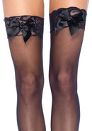 Leg Avenue Sheer Lace Top Thigh Highs With Satin Bow Black showcasing elegant lace and satin bows.