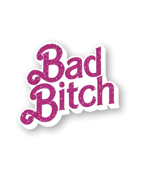 Barbie-inspired "Bad Bitch" enamel pin with pink glitter letters, a cute and fun accessory to showcase confidence and sass.