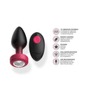 Eluxe Vibrating Anal Plug With Remote Medium Ruby Ombre showing remote control and key features, including 10 vibration patterns.