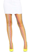 Leg Avenue Ombre Rainbow Woven Net Tights One Size showcasing vibrant fishnet design and colorful ombre effect.