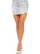 Leg Avenue Rainbow Crochet Net Tights One Size Multicolor worn with a denim skirt, showcasing vibrant hues and playful texture.