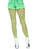 Leg Avenue Jumbo Pothole Net Tights Neon Green One Size paired with denim shorts and white heeled boots.