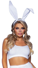 Leg Avenue Bendable Velvet Bunny Rabbit Ears Headband White on model with stylish makeup and outfit.