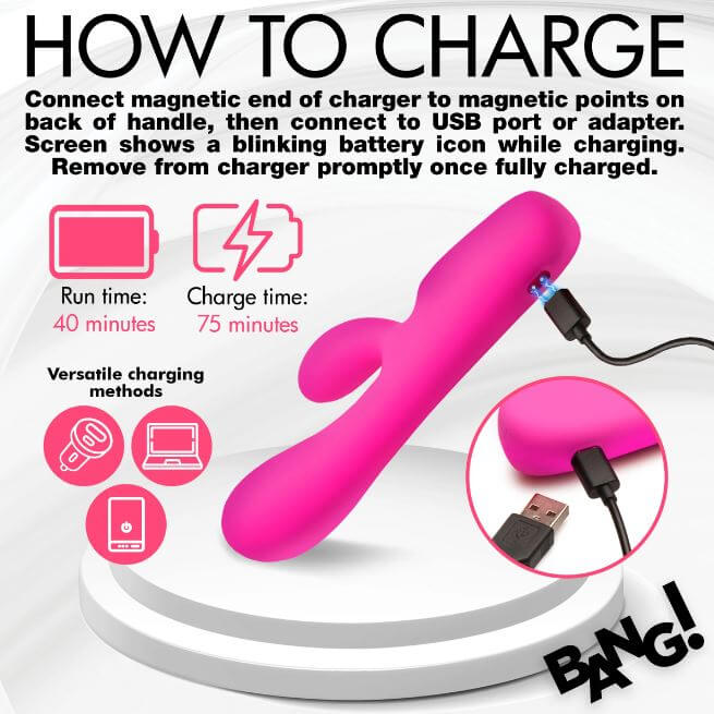 Charging instructions for Digital Silicone Rabbit Vibrator with USB cable and pink design for dual stimulation.