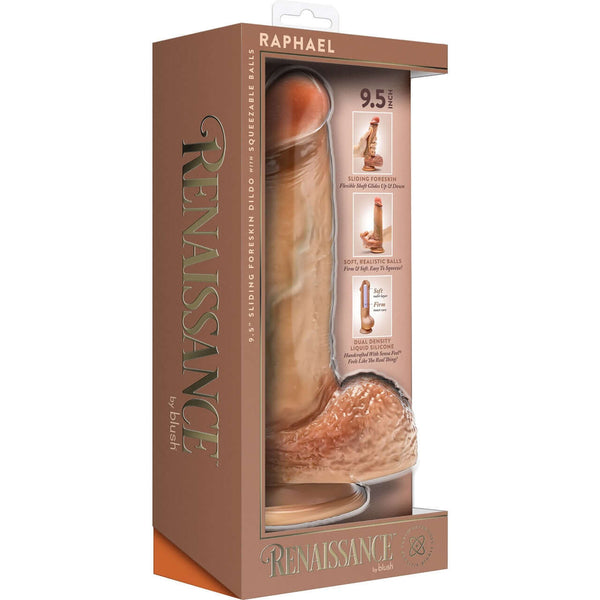 Renaissance Raphael 9.5 Inch Sliding Foreskin Dildo Tan in Packaging - Realistic Dual Density Silicone by Blush
