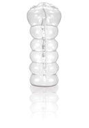 PDX Extreme Clear Leader Snatch Stroker, a clear handheld male masturbator designed for visual engagement and firm sensation.