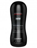 PDX Elite Anal Vibrating Stroker in a sleek black design, showcasing its soft Fanta Flesh TPE material for intense stimulation.