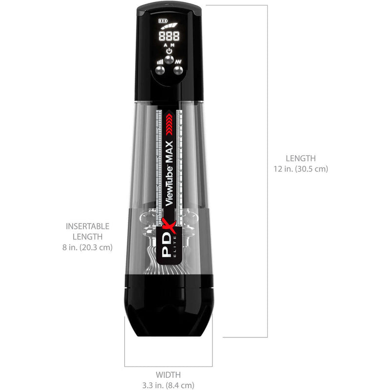 PDX Elite Viewtube Max View See Through Suction Stroker with dimensions labeled
