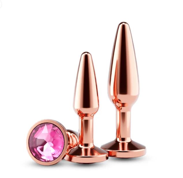 Rear Assets Tapered Trainer Chrome Plated Anal Plugs Kit Rose Gold - luxurious anal plugs with pink gems.