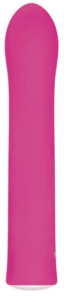 Rechargeable pink G-Spot vibrator with seven speeds and curved tip for targeted stimulation and discreet pleasure in nightstand.