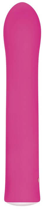Rechargeable pink G-Spot vibrator with seven speeds and curved tip for targeted stimulation and discreet pleasure in nightstand.