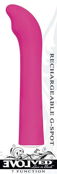Rechargeable pink 5-inch G-spot vibrator with gently curved tip and seven functions for targeted stimulation and discreet pleasure.