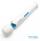 Magic Wand Rechargeable HV-270 Multispeed Massager in white with blue buttons.
