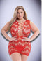Red corset front lace mini dress with seductive cutout design, featuring sheer fabric and unique wavy fishnetting.