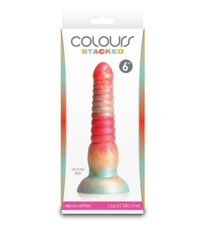 Stacked Silicone Dildo in Red/Gold, 6 inches long, showcasing tri-colored design and body-safe liquid silicone.
