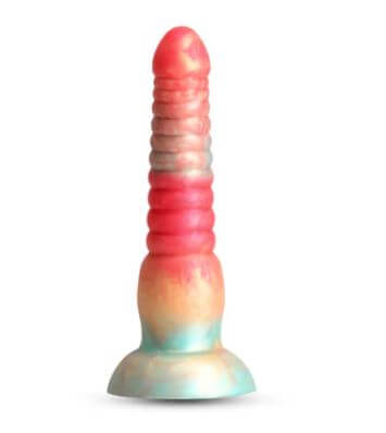 Stacked silicone dildo in vibrant red, gold, and blue colors, 6 inches long, designed for enhanced pleasure.