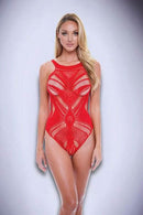 Red jacquard bodysuit with intricate sheer design and high-cut hips, showcasing a flattering hourglass silhouette.