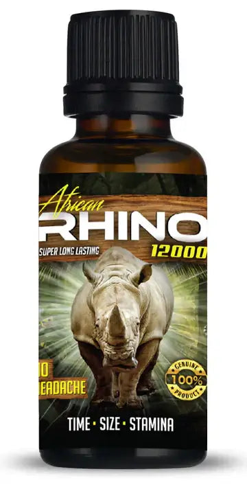 African Rhino Shots 12000 bottle for enhancing time, size, stamina. 12-count display for peak performance boost.