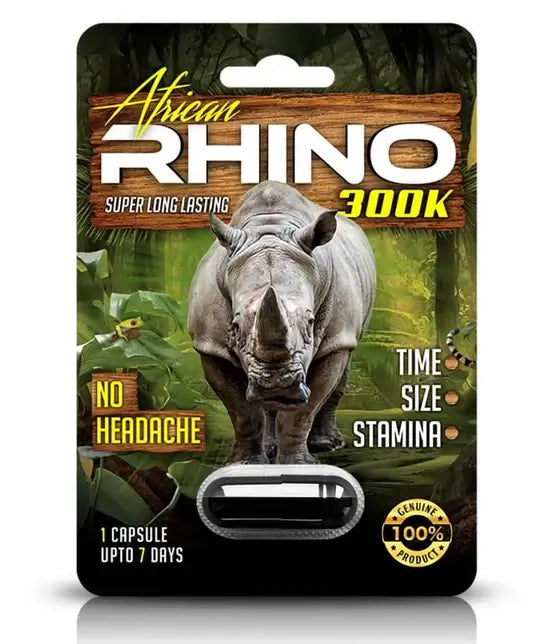 African Rhino 300K Mens Vitality Supplement Stamina Support packaging showing a rhino with stamina benefits.