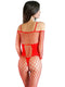 Alluring red fishnet bodystocking featuring long sleeves and open back design, perfect for bold, seductive outfits.