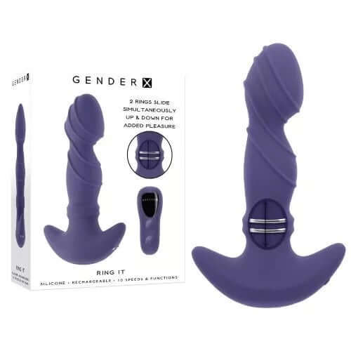 Purple Gender X Ring It Anal Vibe with twisty-textured ring, vibrating tip, and 10 rhythms shown with packaging.
