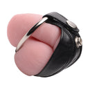Strict Leather Cock Straight Jacket showing black leather chastity sheath with steel ring for control and denial play.